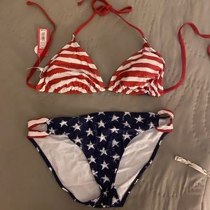 Red/white/blue reversible top swimsuit bikini